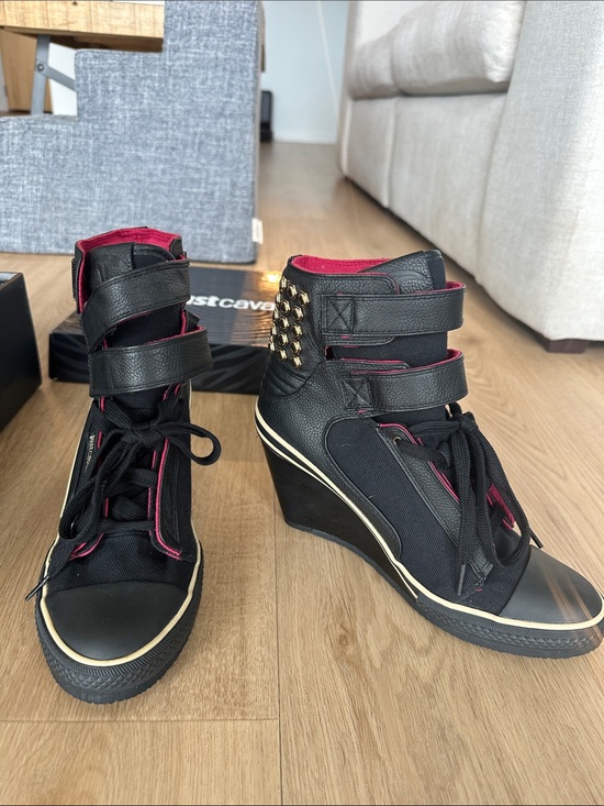 Just Cavalli Shoes - Just Cavalli Black Wedge High-Top Sneakers with Gold Studs and Pink Lining